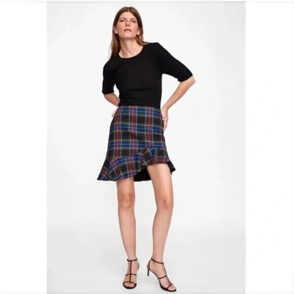 NWT ZARA Tartan Plaid Asymmetrical Ruffle Hem Skirt Sz Small - Picture 2 of 7